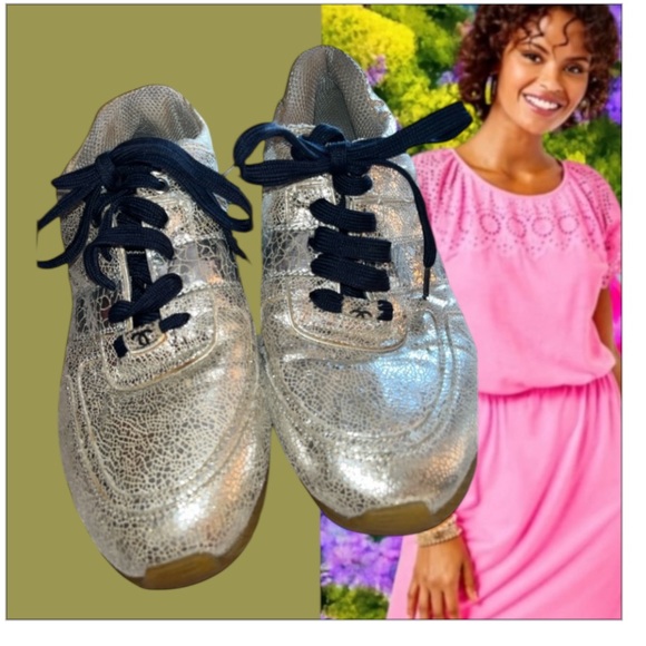 Chanel Vintage Crackled Silver Leather Sneakers 40 - Picture 1 of 5